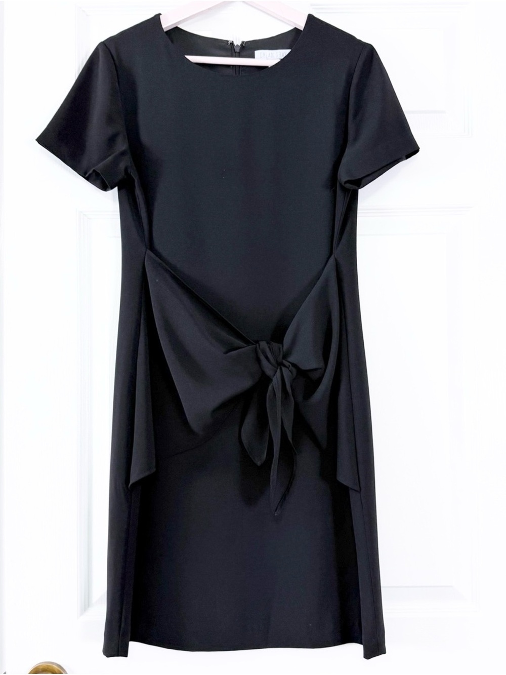 Dylan Gray Solid Black Short Sleeve Drape Front Luxe Shift Dress Size 6